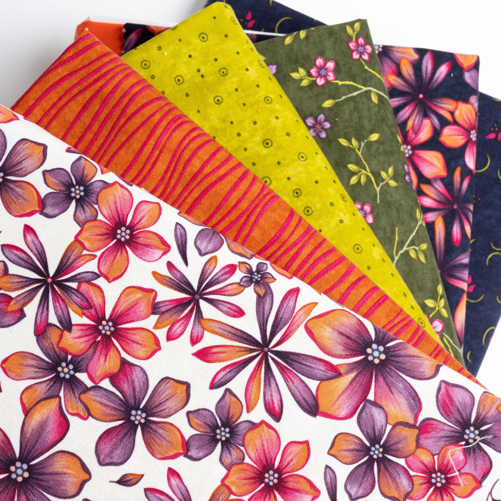 moda charm pack, in bloom, holly taylor, fabric squares,cotton squares, patchwork cotton squares, cheerful, colourful, floral, flowers