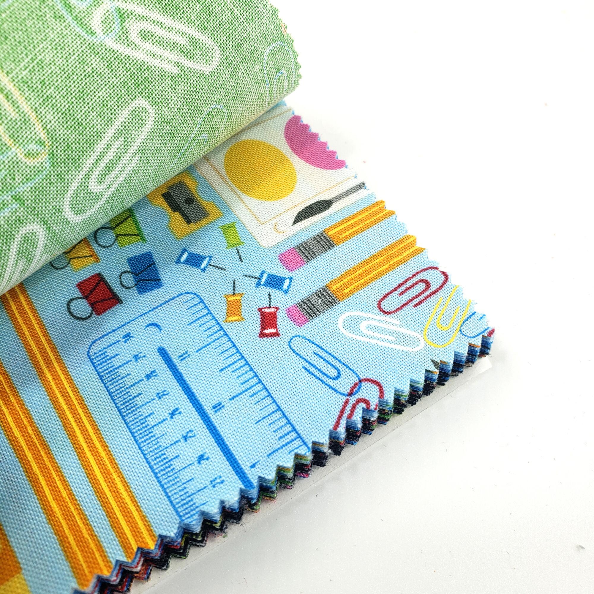 moda charm pack,stacey iest hsu,fabric squares,cotton squares, patchwork cotton squares, school fabric,back to school, schoolkids,colourful,crayons,pencil case