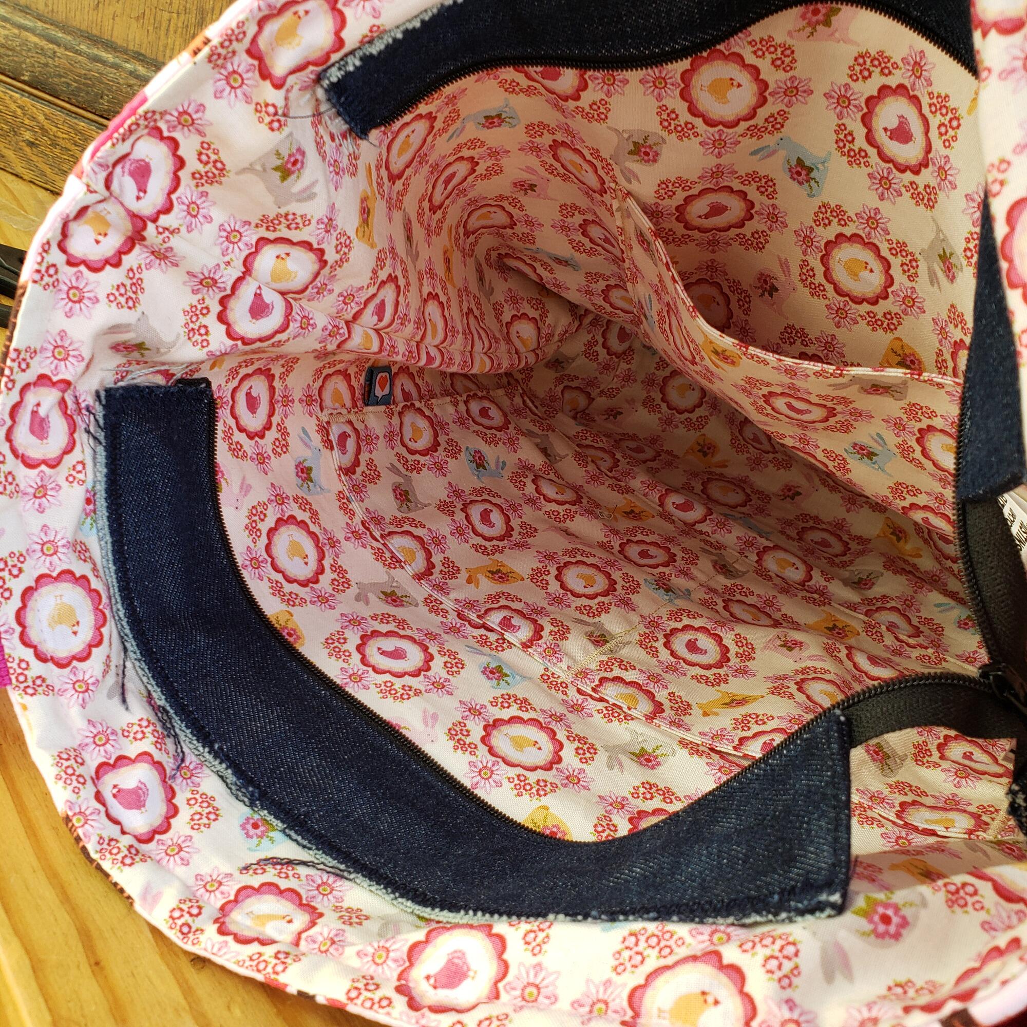 Justin's Jeans upcycled denim bag,batik fabric, denim, jeans,bag,handbag,flowers,old jeans,levis,recycled denim