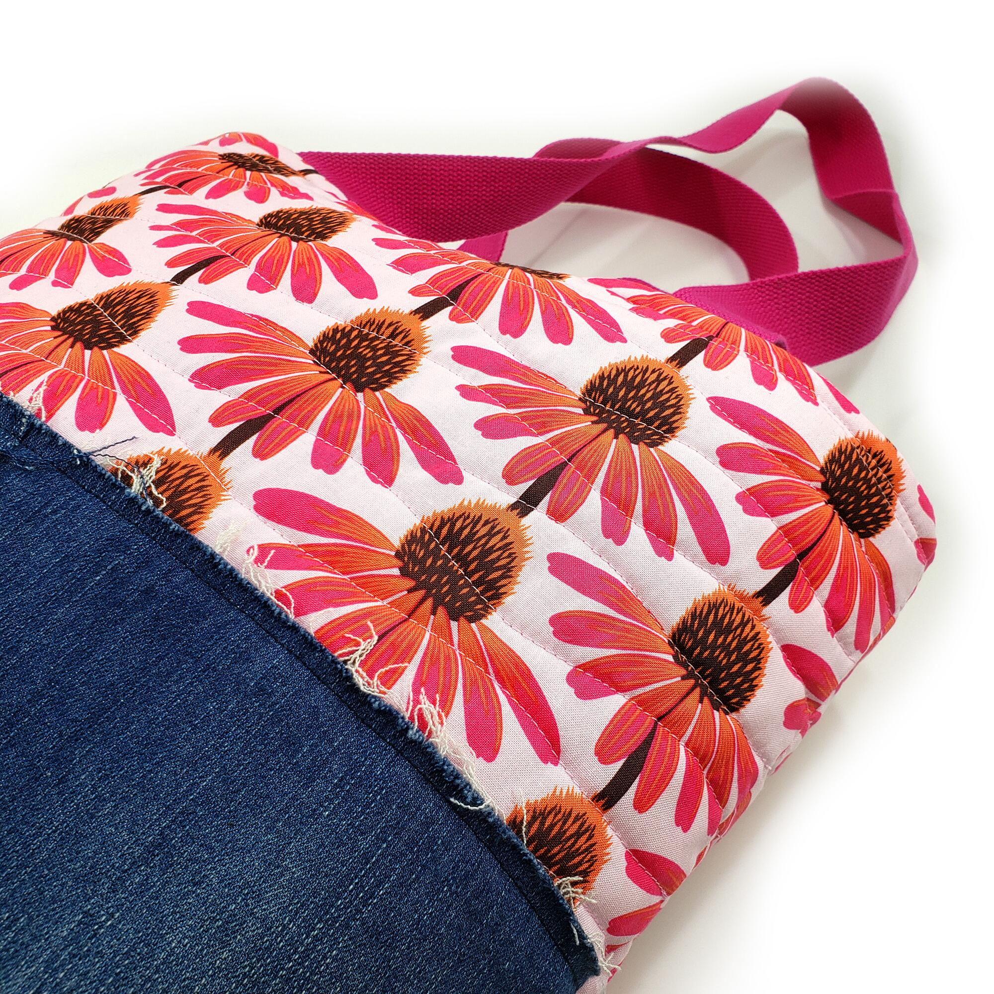 Justin's Jeans upcycled denim bag,batik fabric, denim, jeans,bag,handbag,flowers,old jeans,levis,recycled denim