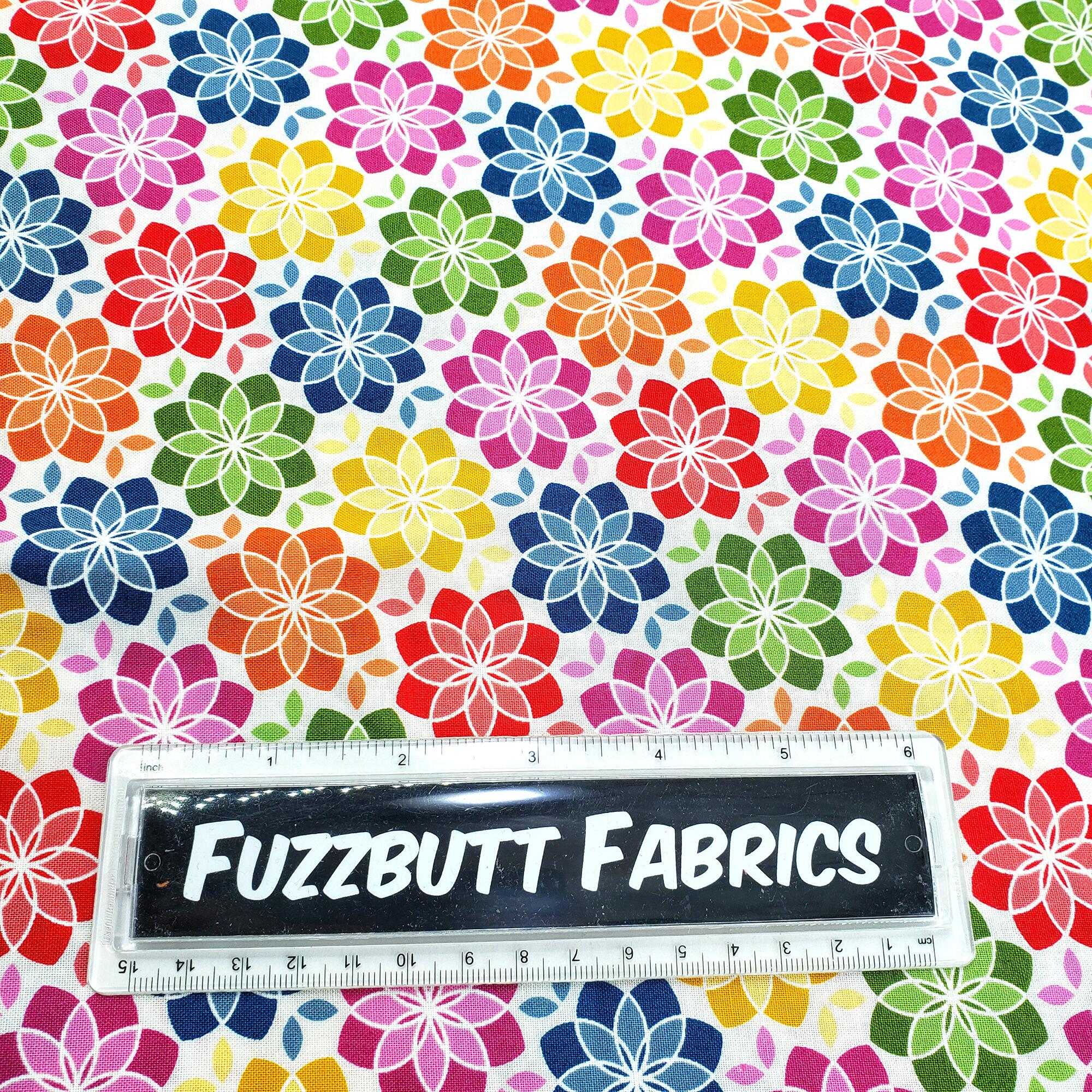 Moda, zinnia,geometric fabric,floral,bright colours