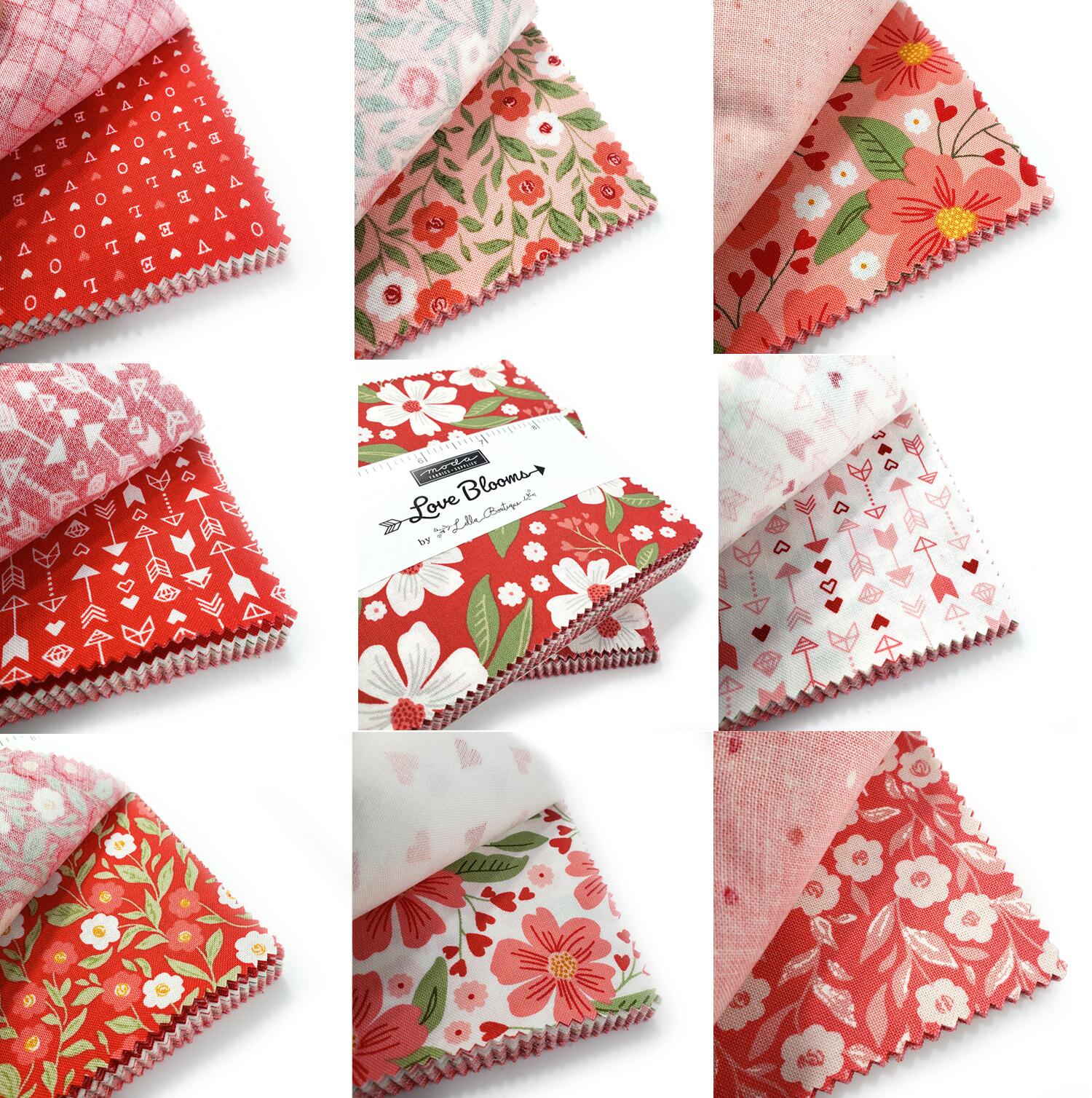 Moda, love blooms, lella boutique, bright, floral fabric, valentines, love, cute, colourful, squares for patchwork, cotton, easy quilting, precut squares,charm pack