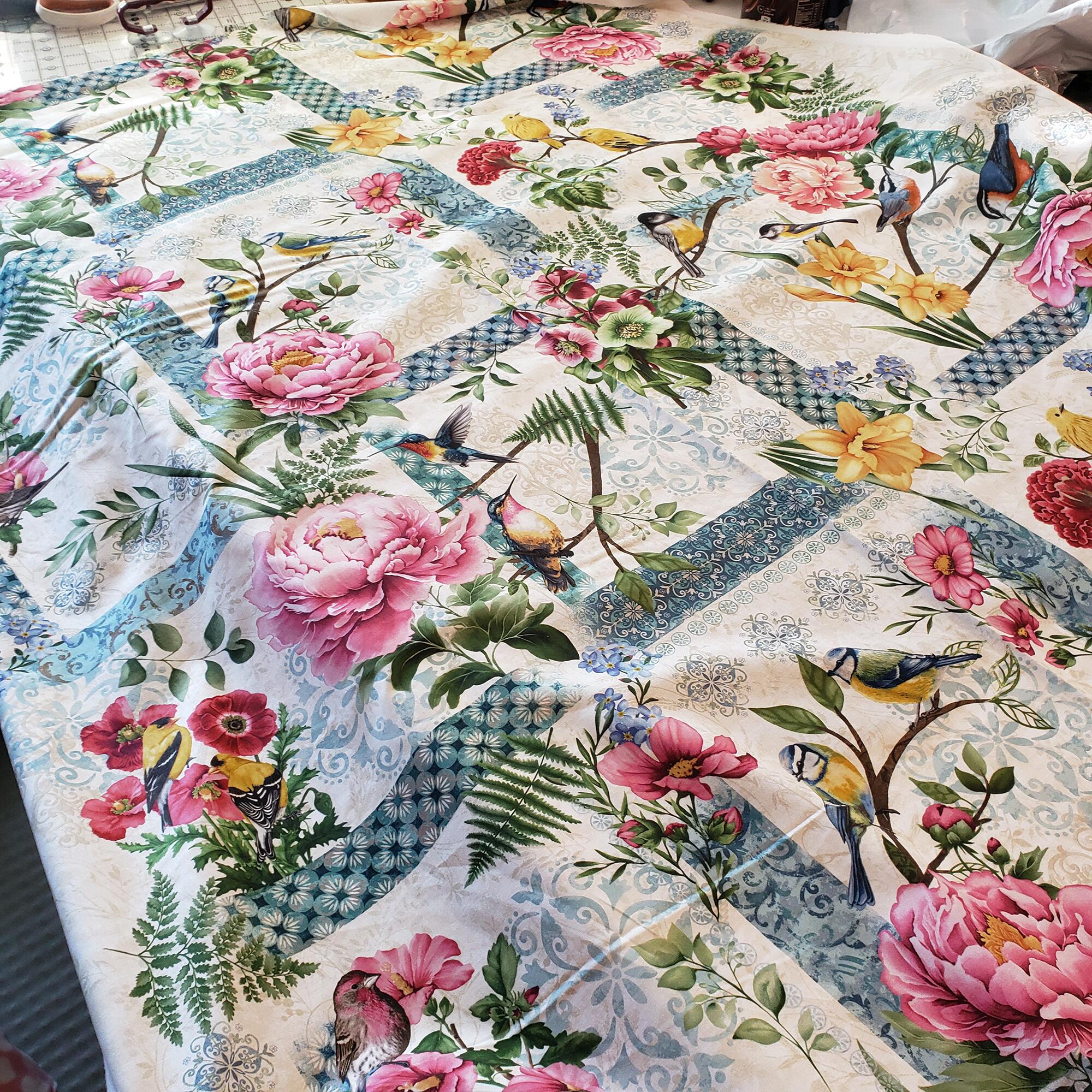 jan mott, henry glass, garden symphony, birds, wildlife, flowers, panel, 100% cotton, garden birds