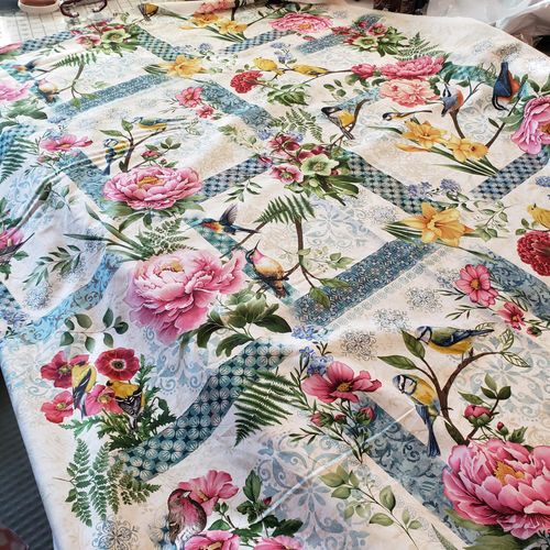 jan mott, henry glass, garden symphony, birds, wildlife, flowers, panel, 100% cotton, garden birds