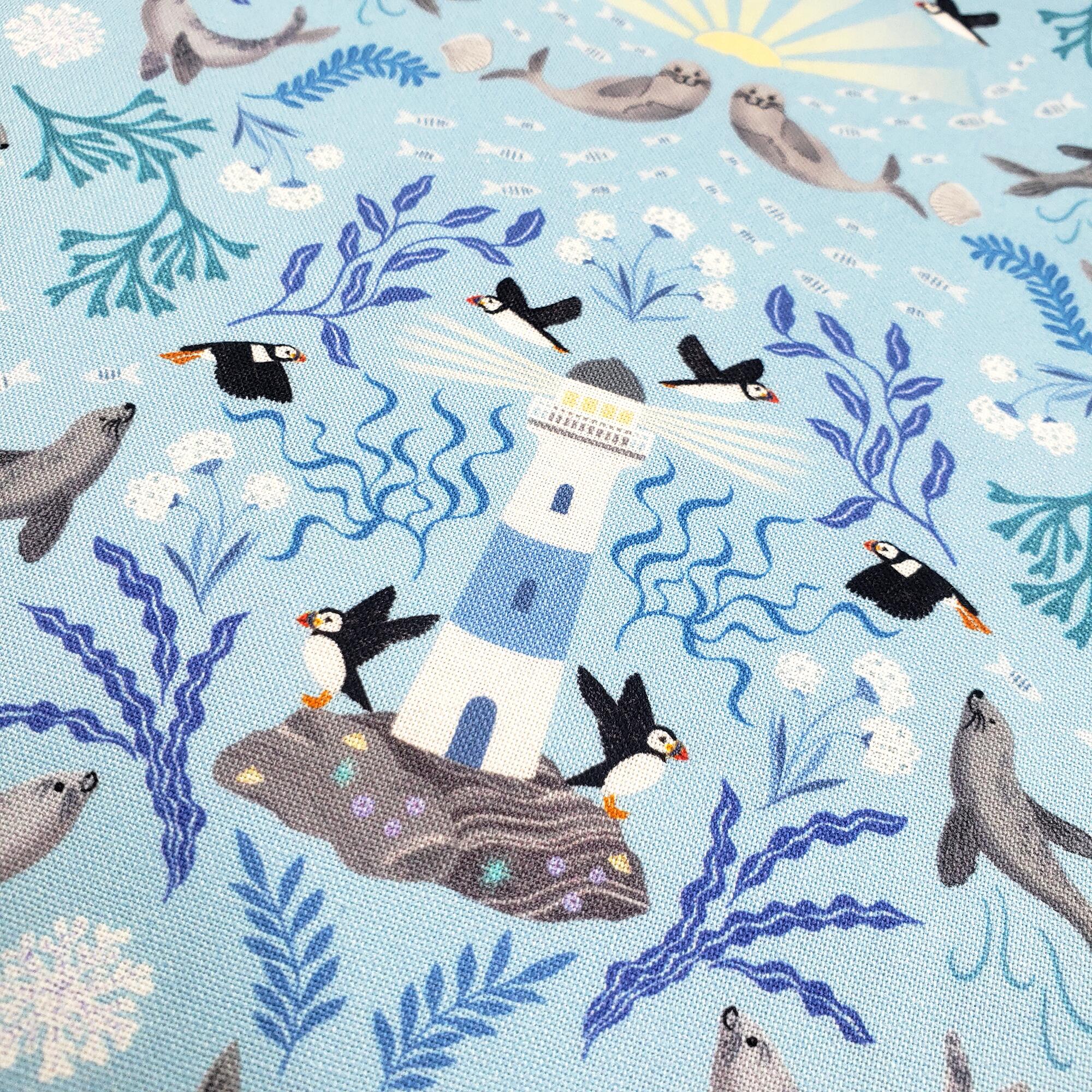 lewis & irene,puffin rock, lighthouses, beach, seals, beach fabric, sea birds, ocean fabric