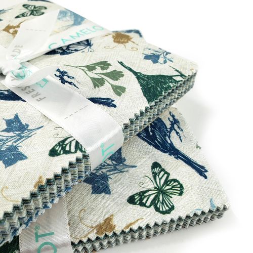 camelot charm packs, anne tavoletti, garden seeds, vintage style fabric, butterflies, victorian fabric, blues and greys, slow stitch fabric, antique style, cotton squares for patchwork