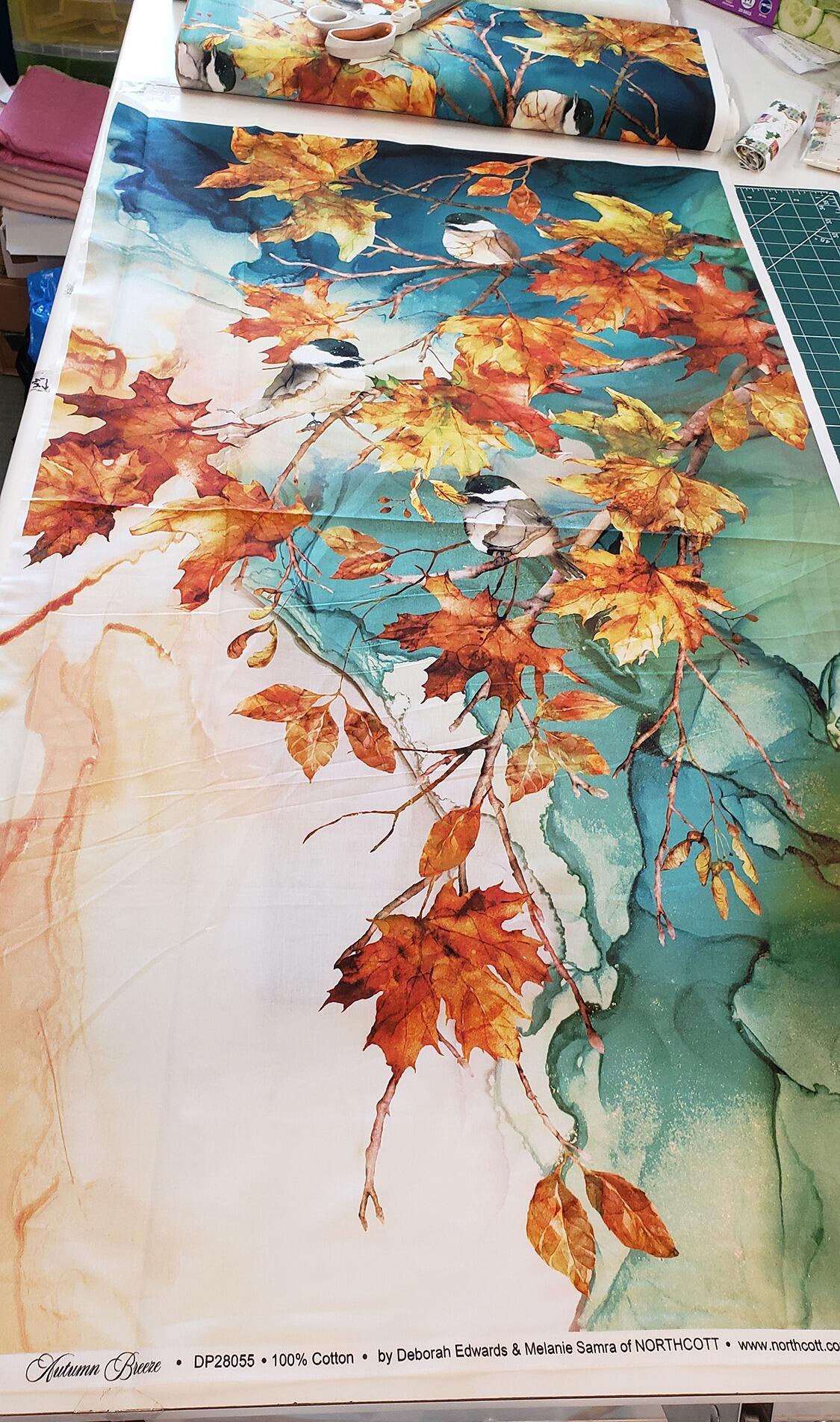 northcott,autumn breeze,Deborah Edwards,Melanie Samra,watercolour, autumn leaves,sparrows,birds,100% cotton,fabric