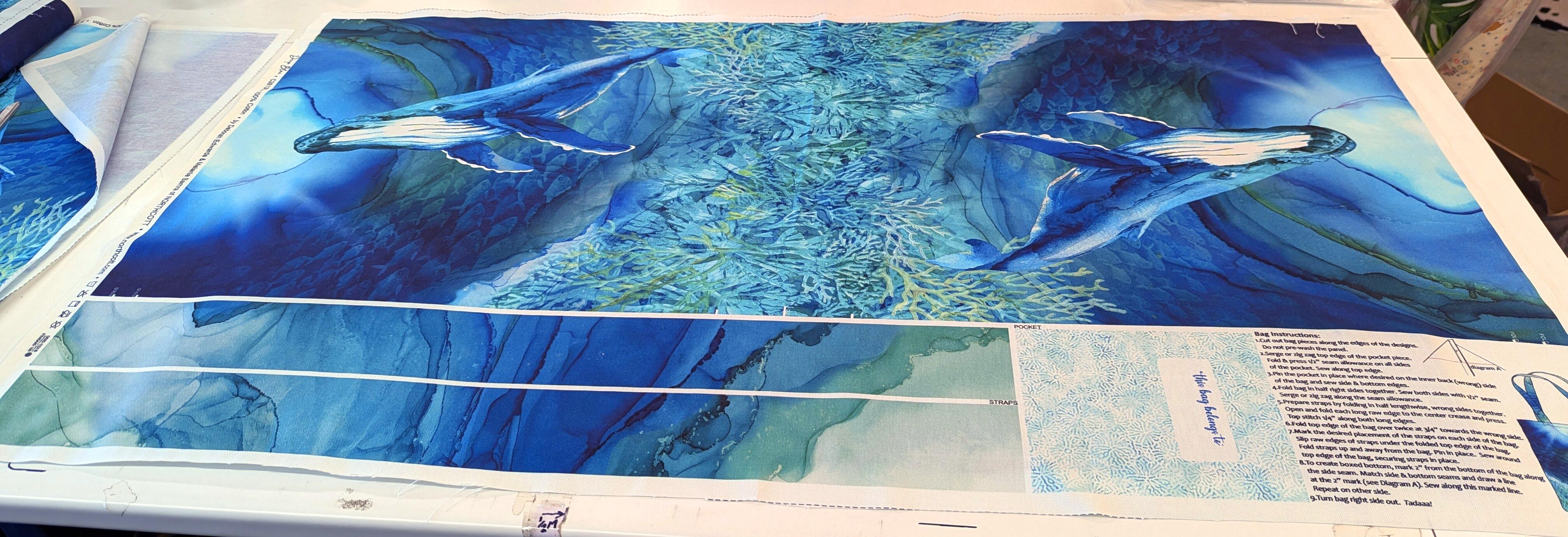 tote bag panel, easy tote bag, whale bag, northcott deep blue, humpback whale bag, save the whales, deborah edwards, melanie samra