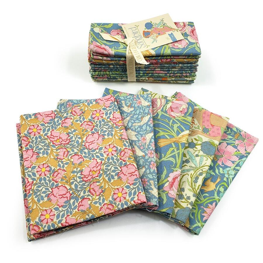 tilda fat quarters, songbird, floral, birds, art noveau fabric, elegance, coral, yellow, green, blue