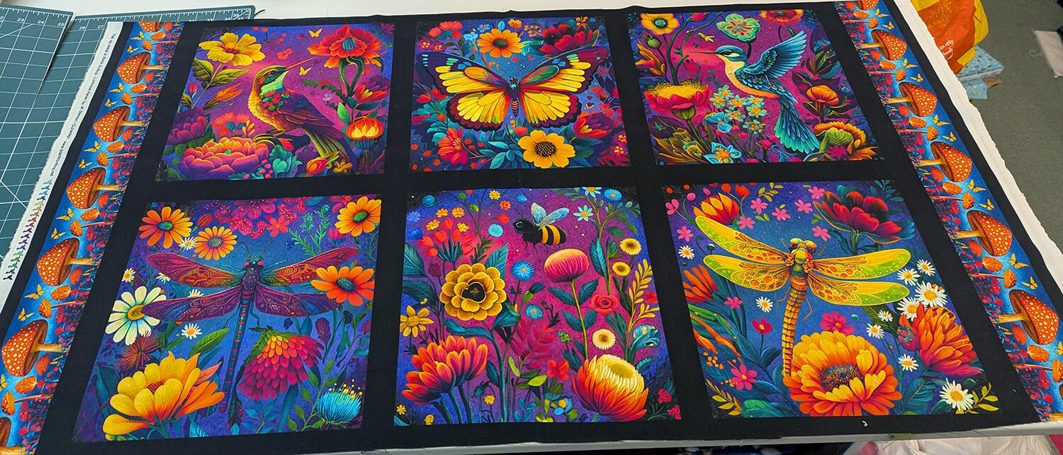 blank quilting, luminous haven, dragonflies, bees, flowers, fabric panel, bright colours, hummingbirds, bees