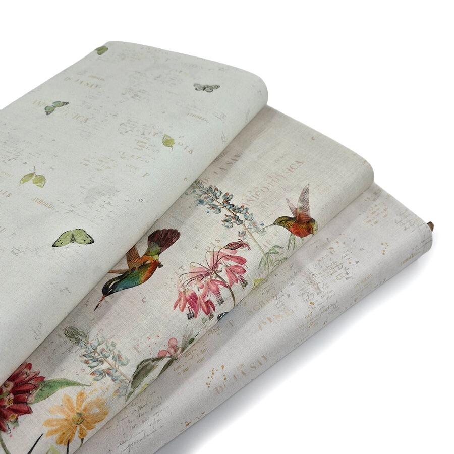 Katie Pertiet, hummingbird days, watercolour flowers, butterflies, hummingbirds 1005 cotton, placemats fabric, easy sew placemats