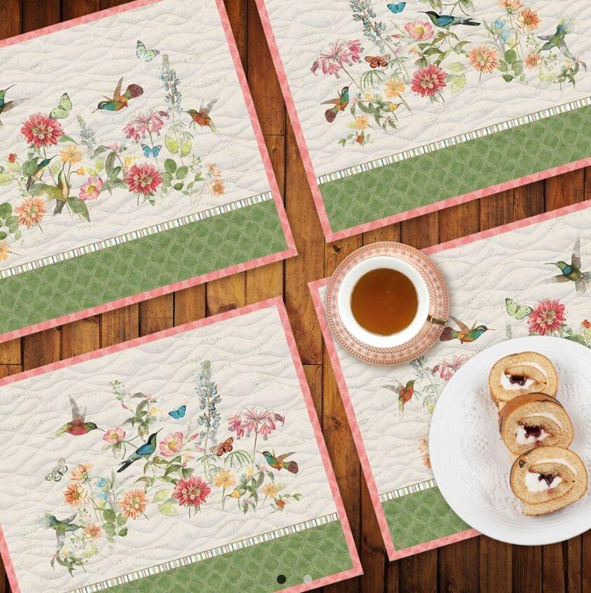 Katie Pertiet, hummingbird days, watercolour flowers, butterflies, hummingbirds 1005 cotton, placemats fabric, easy sew placemats