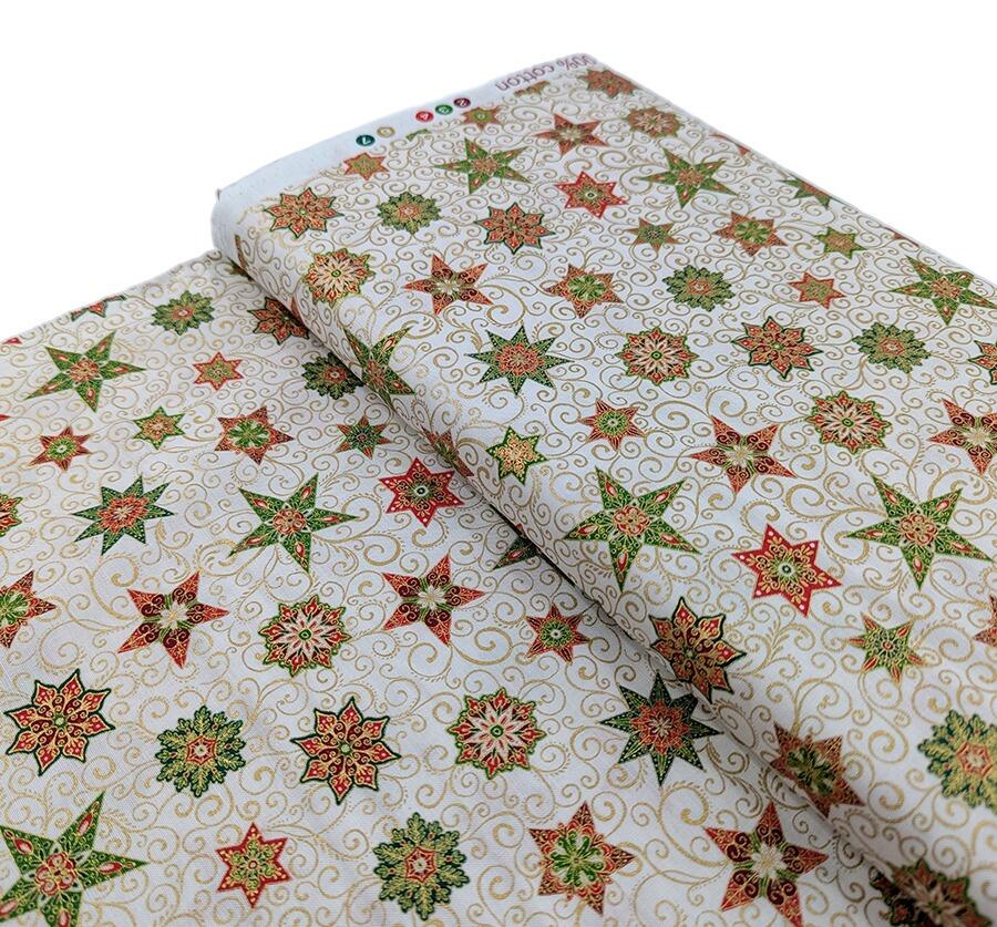 Makower Adorn, a traditional style Christmas fabric featuring gold metallic highlights.
