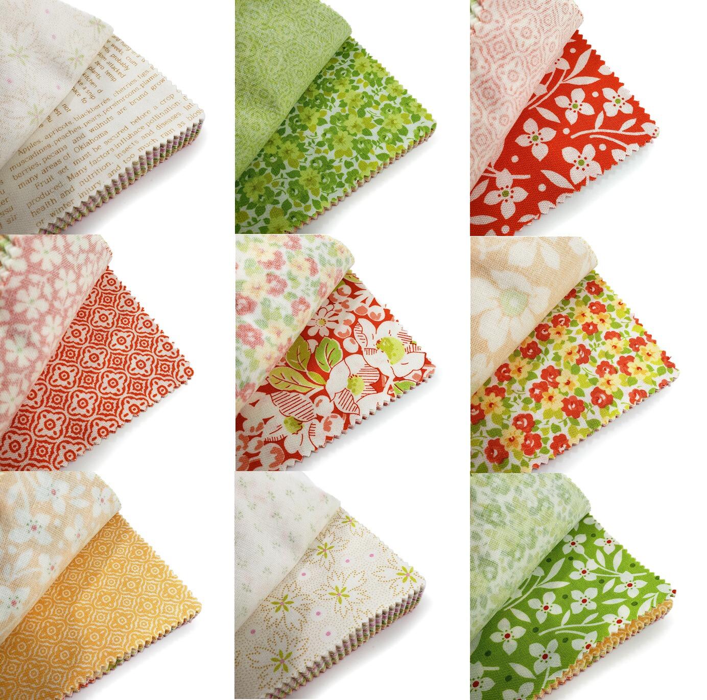 summers end, pastel charm pack, joanne figuera, fig tree fabric, moda charm pack fabric with text on, floral fabric squares
