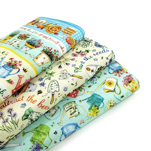 gardening fabric, watering cans, plant the seeds, michael miller, louise Nisbet, bees, honey pots