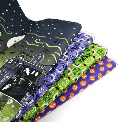 lewis irene, glow in the dark halloween fabric, pumpkins, cats, witches, haunted houses, trick or treat fabric, halloween costume, 100% cotton