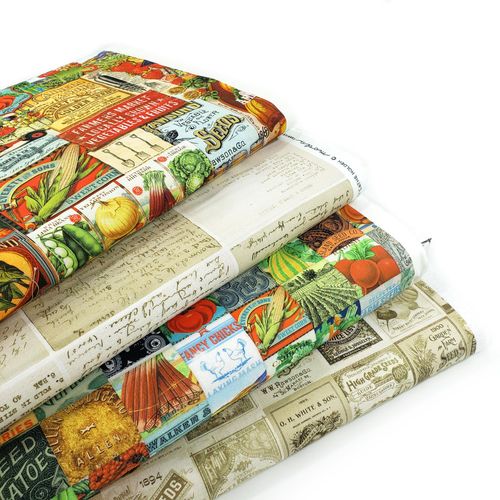 moda,cathe holden, farm and garden, vegetables, fruits, gardening, vintage, americana, slow stitch, vintage food labels
