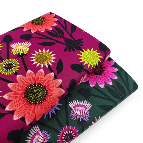 iconic, anna maria parry, echinaceas, dahlia fabric, large flowers, northcott fabrics, violet flowers