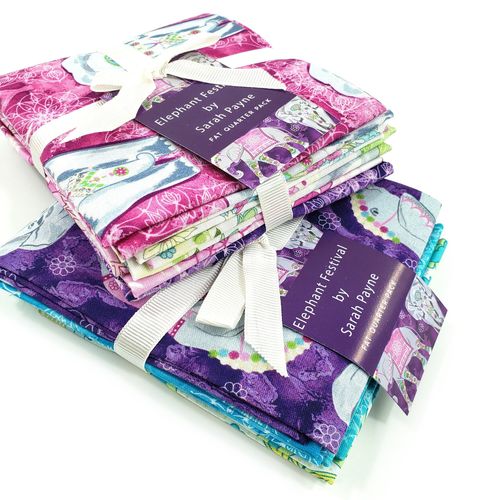 Sarah Payne, elephant festival, indian fabric, mandalas, flowers, purples, pinks, exotic fabric