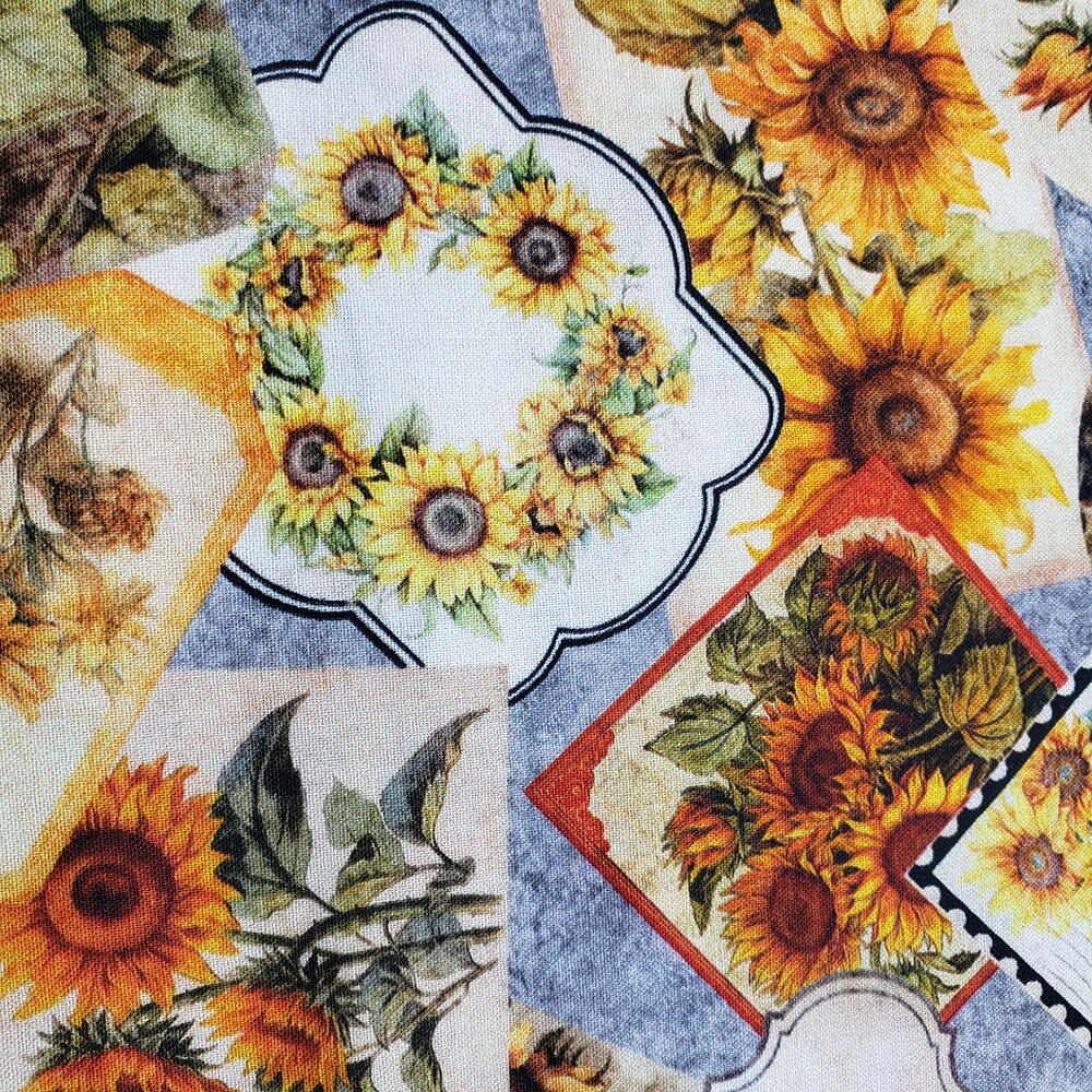 sunflower fabric, vintage fees, sunflower serenade, QT fabrics, vintage seed packets, ephemera, old postcards