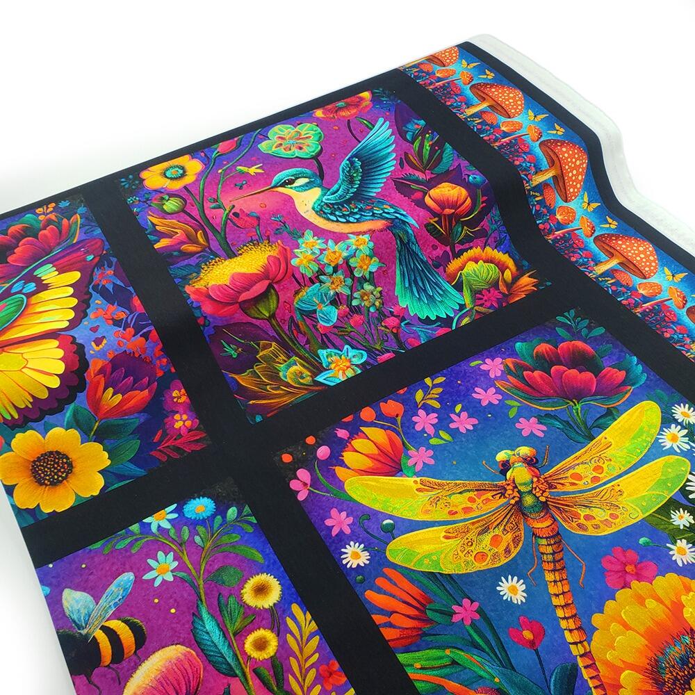blank quilting, luminous haven, dragonflies, bees, flowers, fabric panel, bright colours, hummingbirds, bees