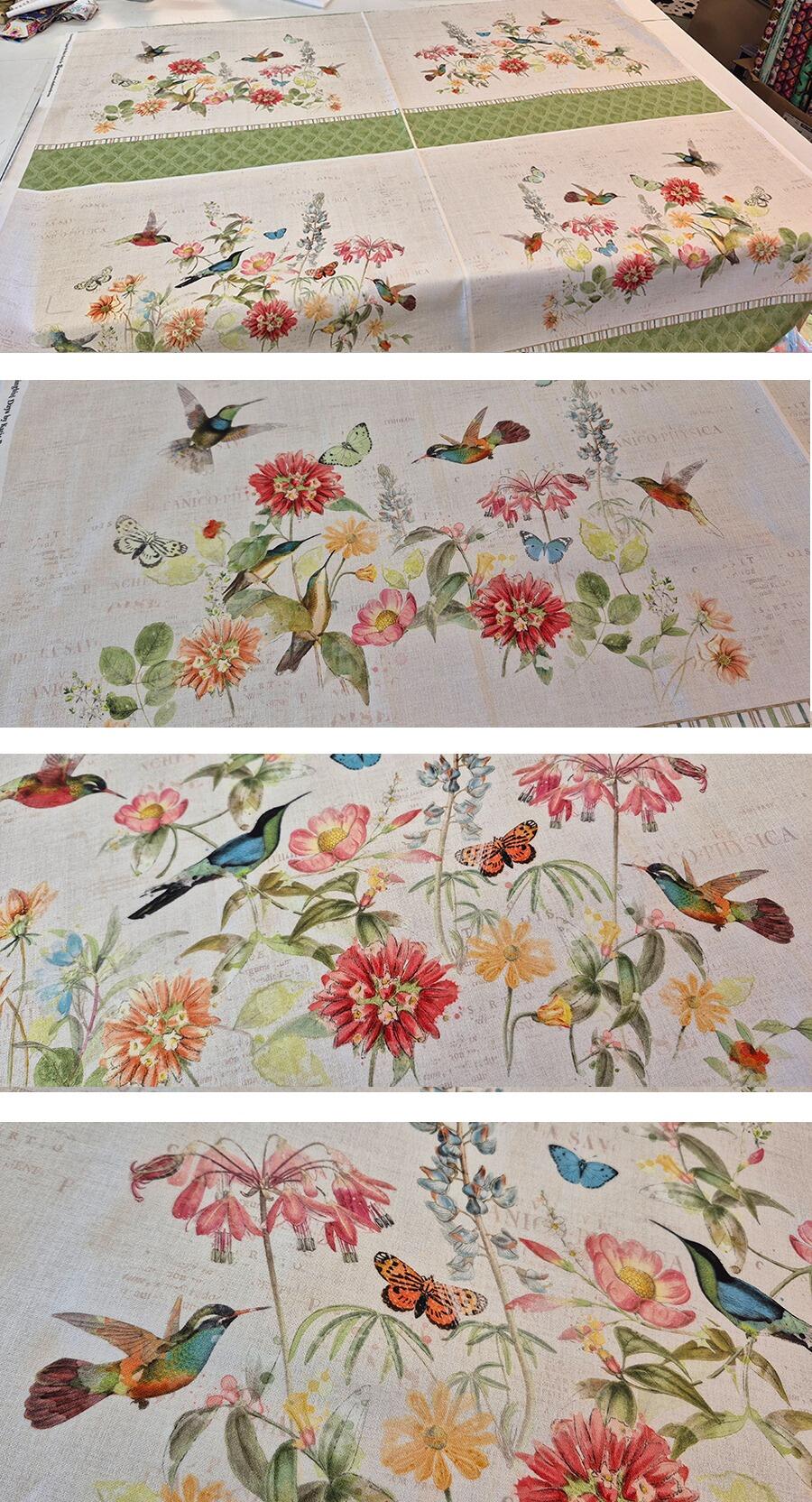 Katie Pertiet, hummingbird days, watercolour flowers, butterflies, hummingbirds 1005 cotton, placemats fabric, easy sew placemats