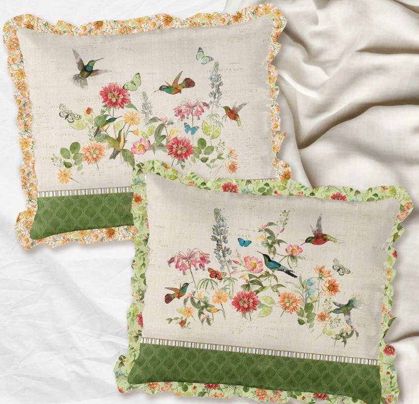 Katie Pertiet, hummingbird days, watercolour flowers, butterflies, hummingbirds 1005 cotton, placemats fabric, easy sew placemats