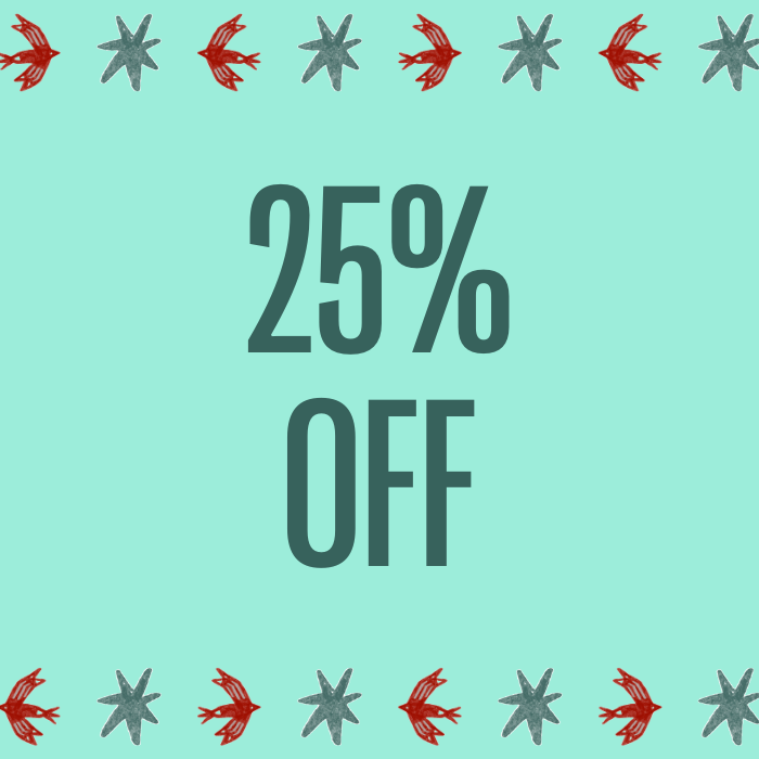 25% off written on a blue background with festive branding.