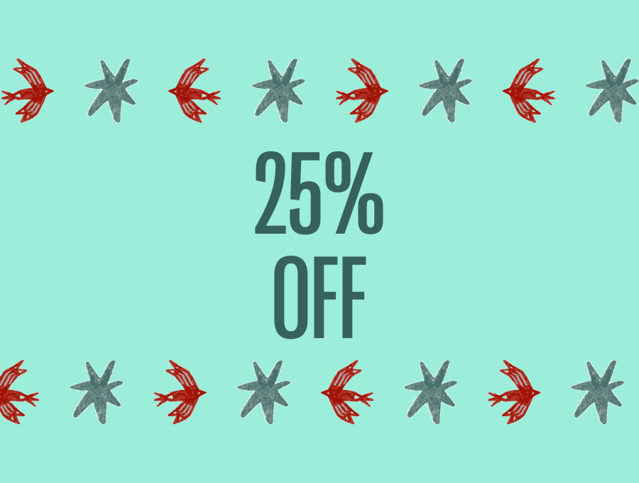 25% off written on a blue background with festive branding.