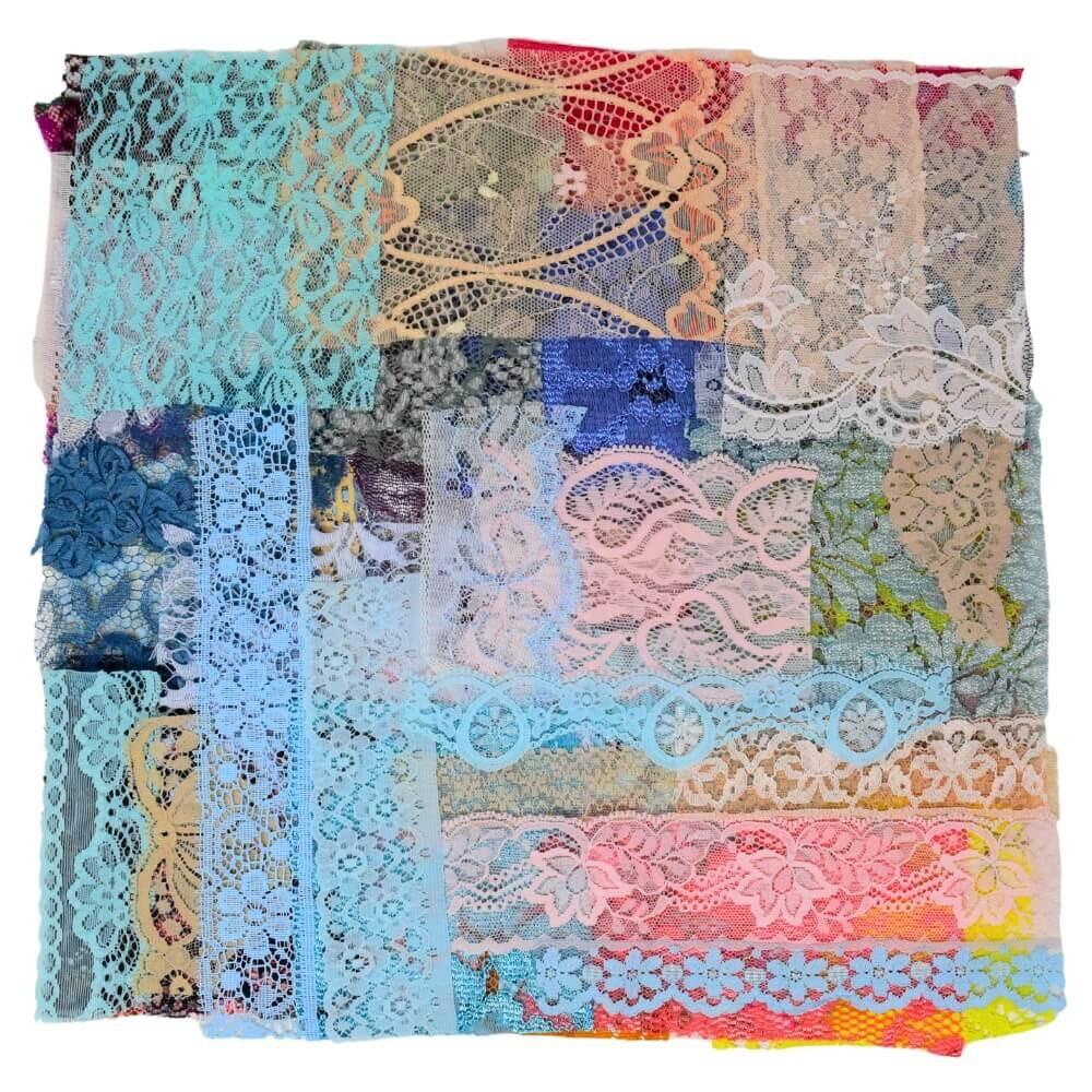 Flat lay of a selection of multicoloured lace craft fabric pieces arranged in a square shape on a white background