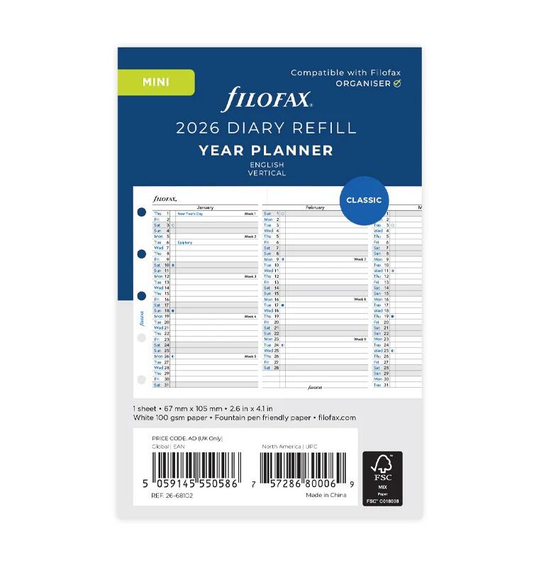 Filofax Mini Vertical Year Planner Refill 2026