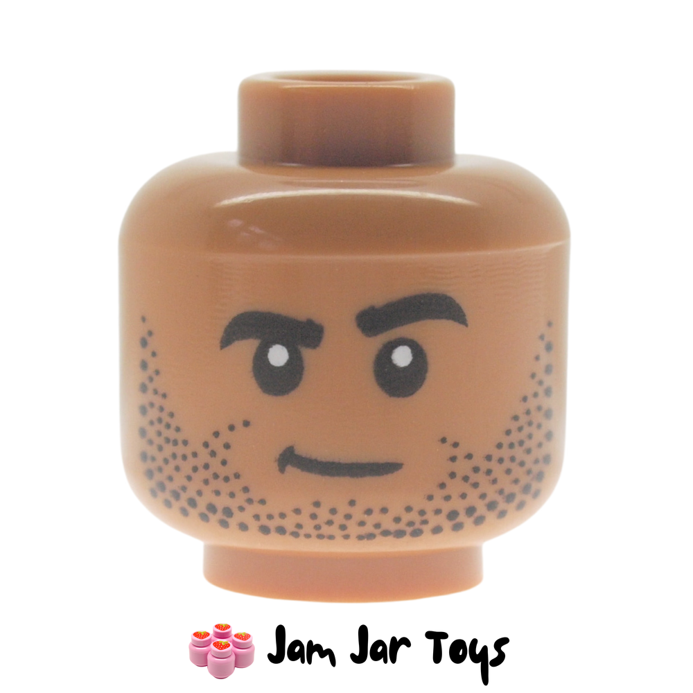 LEGO Medium Nougat Head, Black Stubbled Beard, Smirk