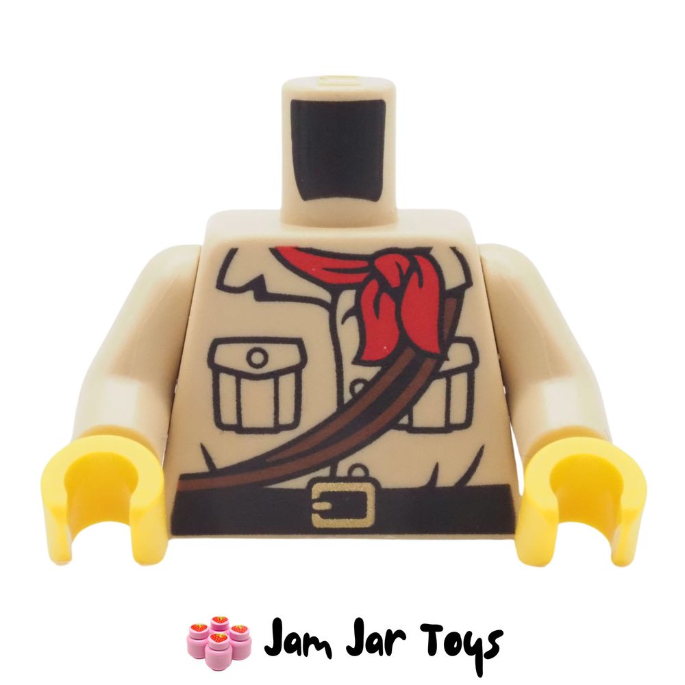 LEGO Tan Explorer Shirt, Pockets, Buttons, Dark Brown Belt, Red Handkerchief.