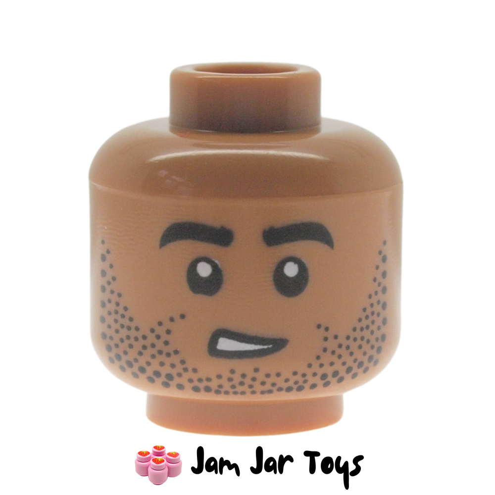 LEGO Medium Nougat Head, Black Stubbled Beard, Worried Crooked Smile