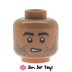 LEGO Medium Nougat Head, Black Stubbled Beard, Worried Crooked Smile