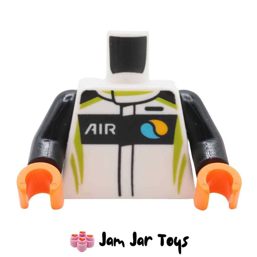 LEGO White Racing Suit Torso, Black Chest, Lime Stripes