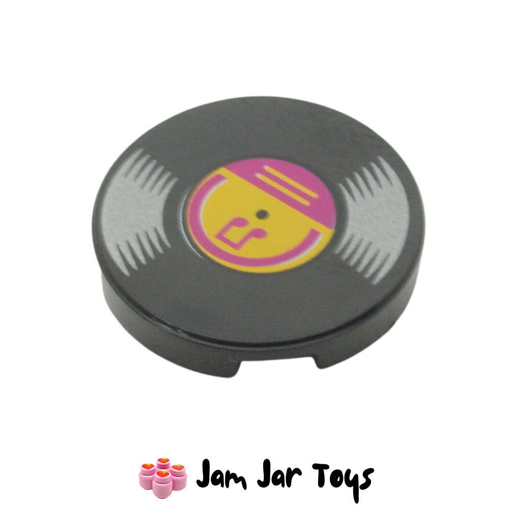 LEGO Black Vinyl Record, Bright Light Orange Centre, Music Note Round 2 x 2 Tile with Bottom Stud Holder