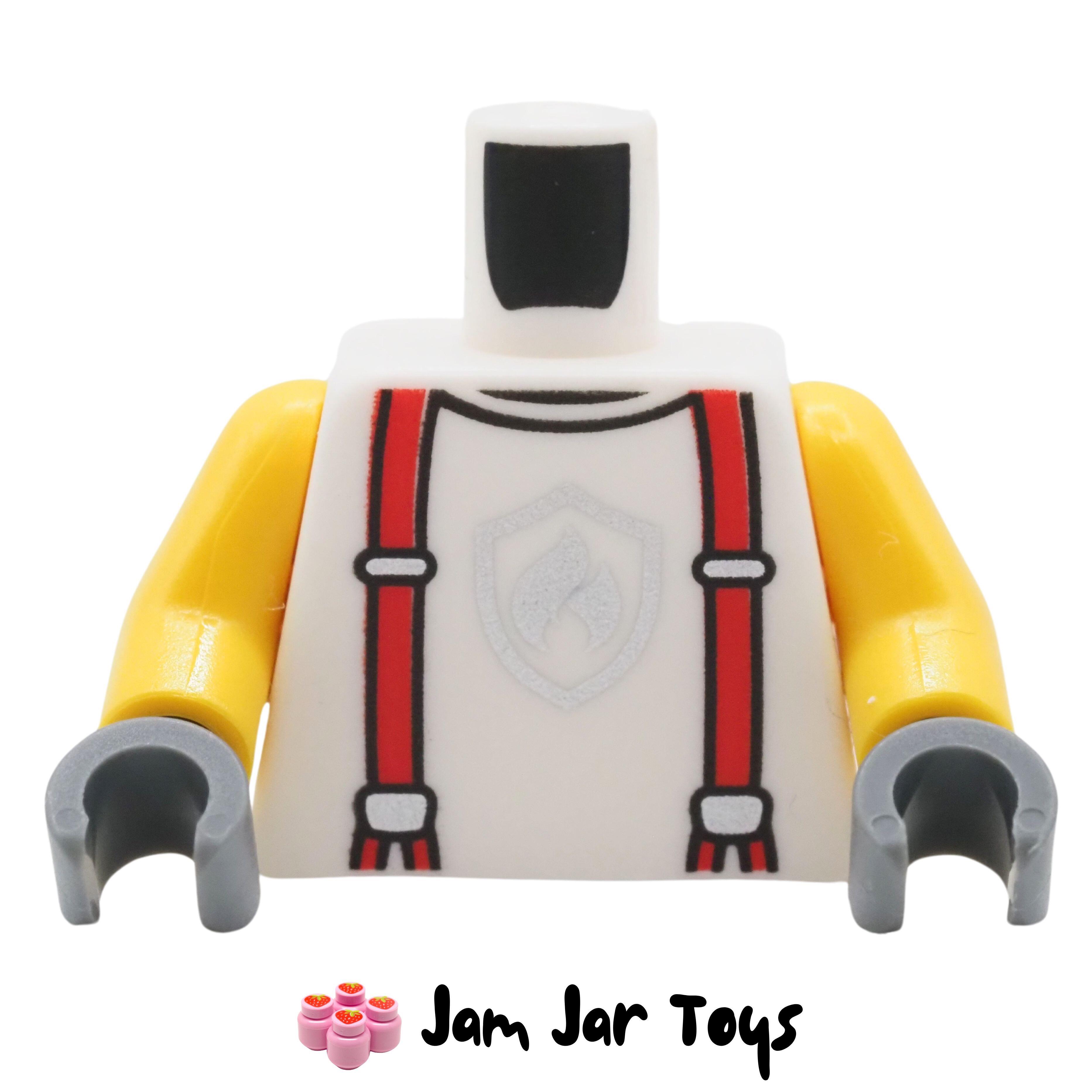 LEGO White Fire Fighter Torso, Red Braces, Grey Logo. TO221