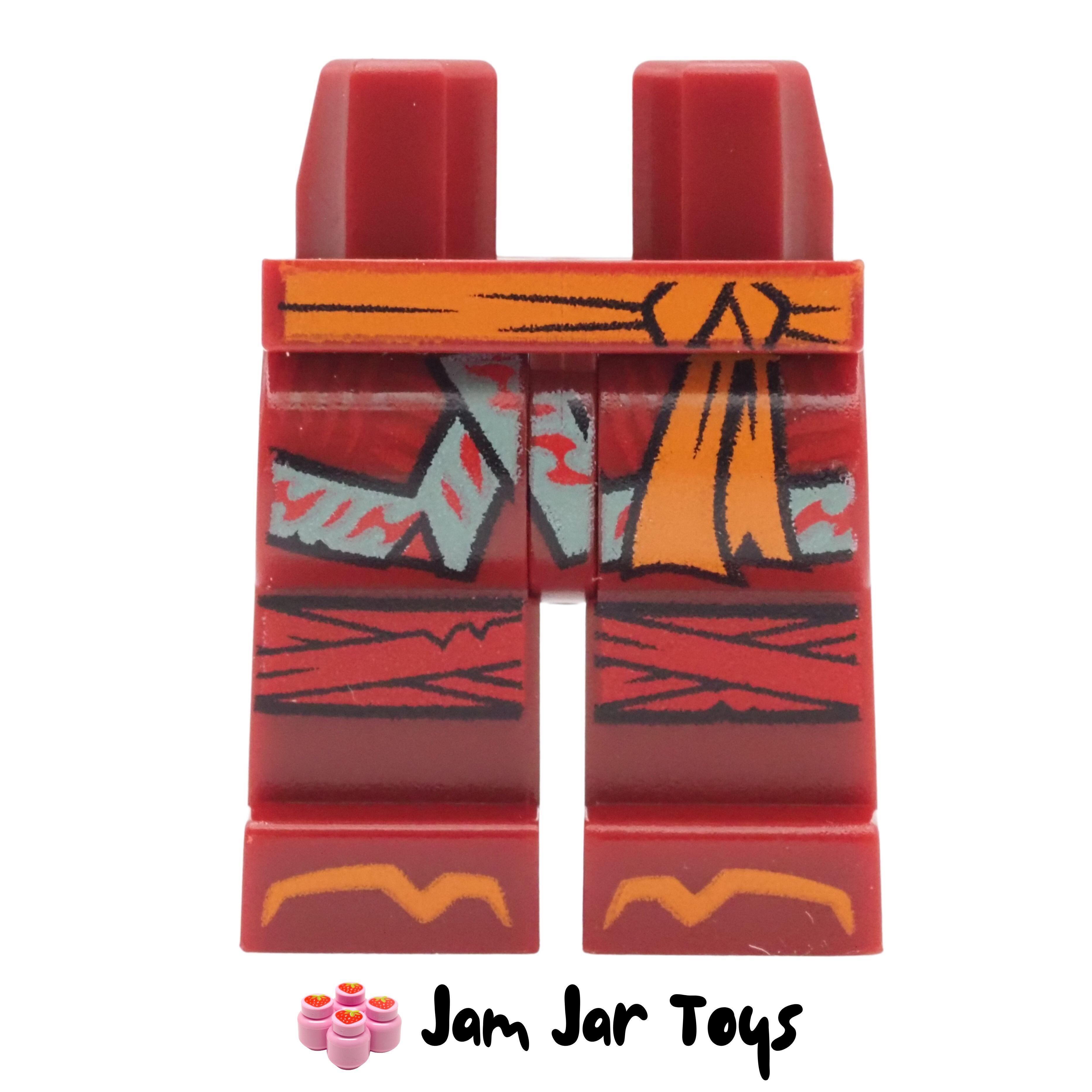 LEGO Dark Red Legs, Orange Sash, Sand Green Trimmed Robe End, Knee Wraps.