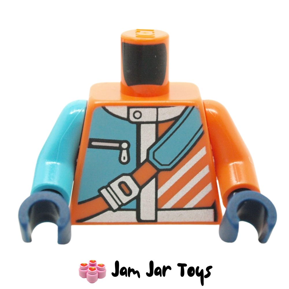 LEGO Azure Torso, Medium Azure/Orange Jacket, Silver Trim, Zipper, Strap.