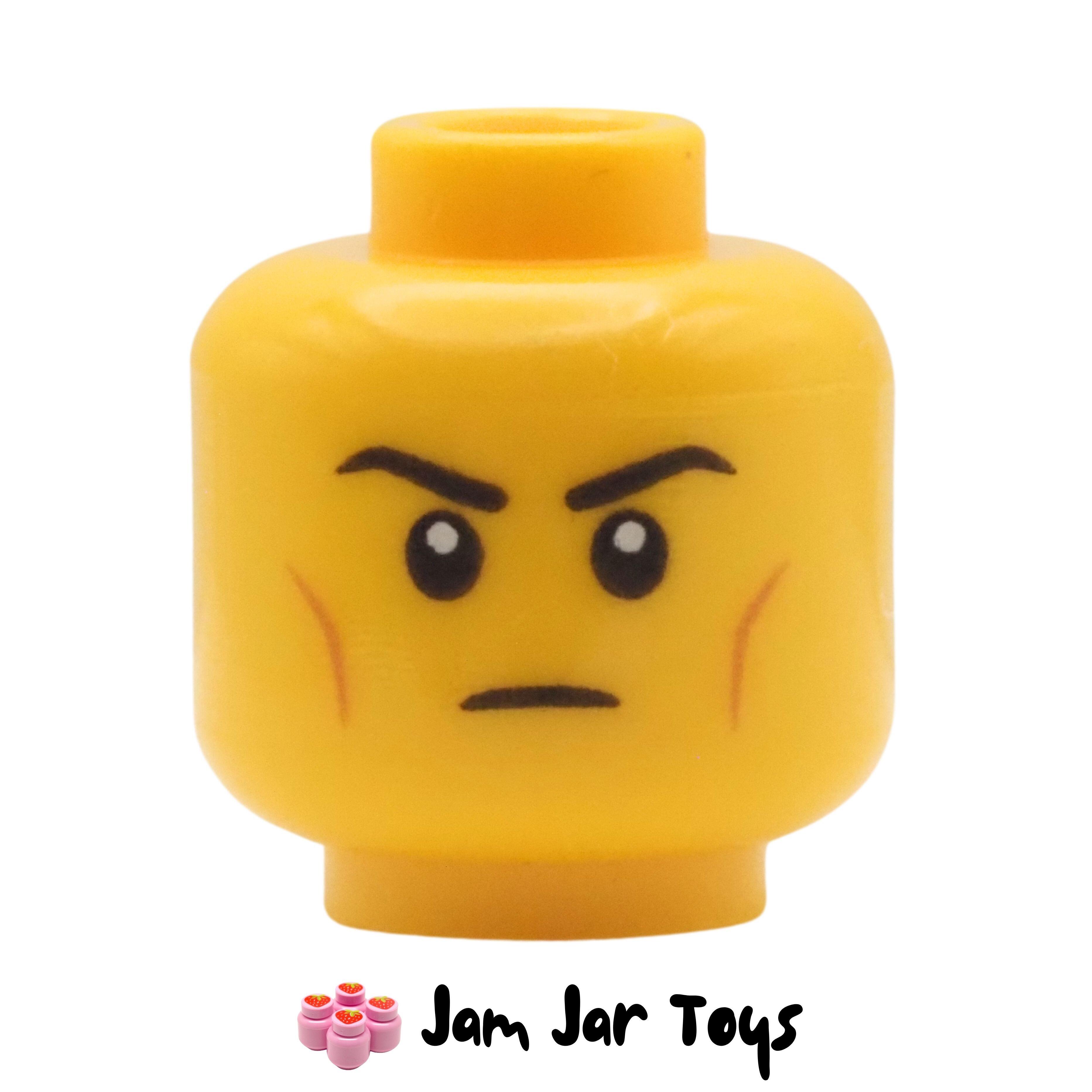 LEGO Super Warrior Yellow Head Eyebrows, Cheek Lines, Stern Look.