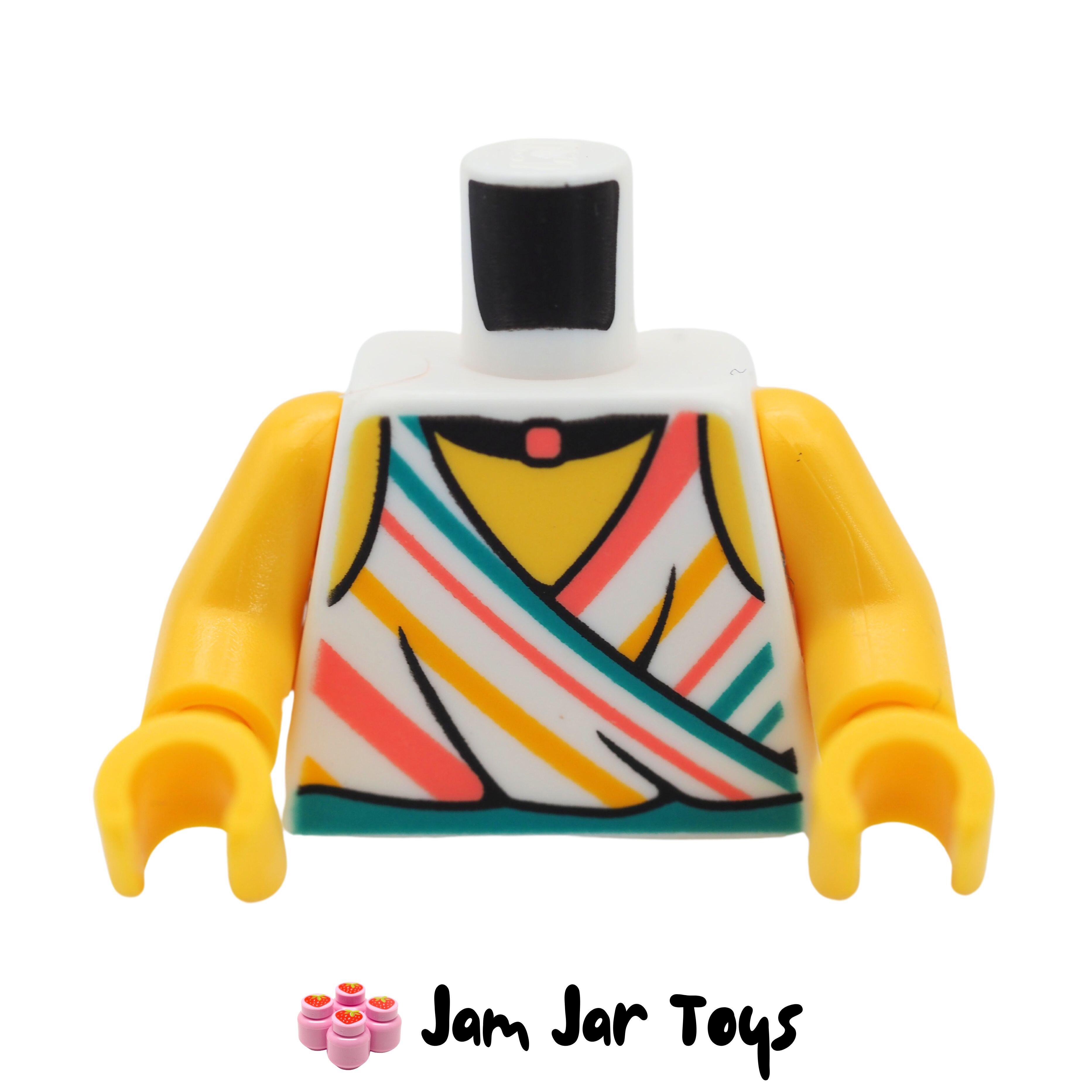 LEGO White Top, Turquoise, Coral,  Orange Stripes, Black Necklace.