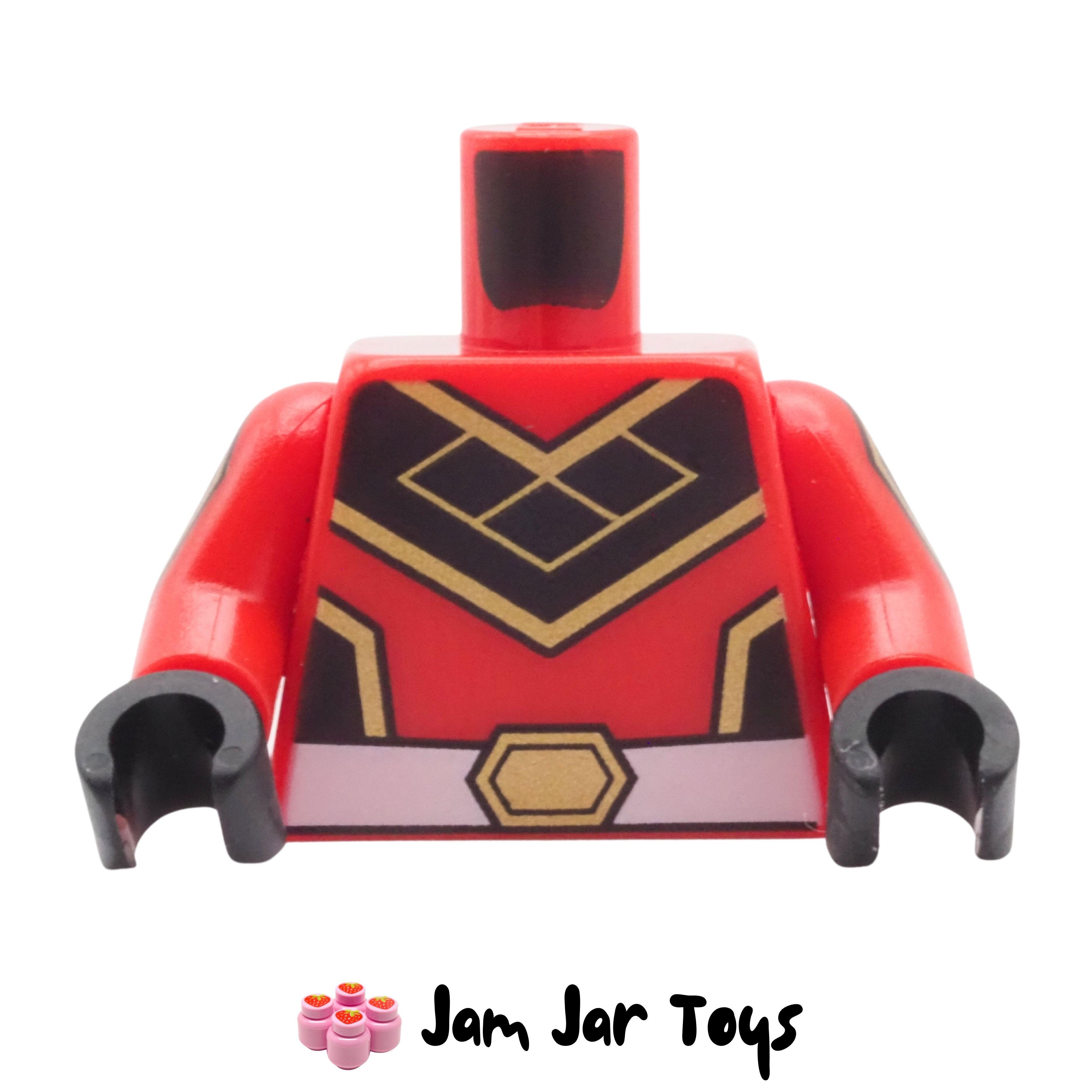 LEGO Red Super Warrior Bodysuit Torso, Black and Gold V, Belt Buckle.