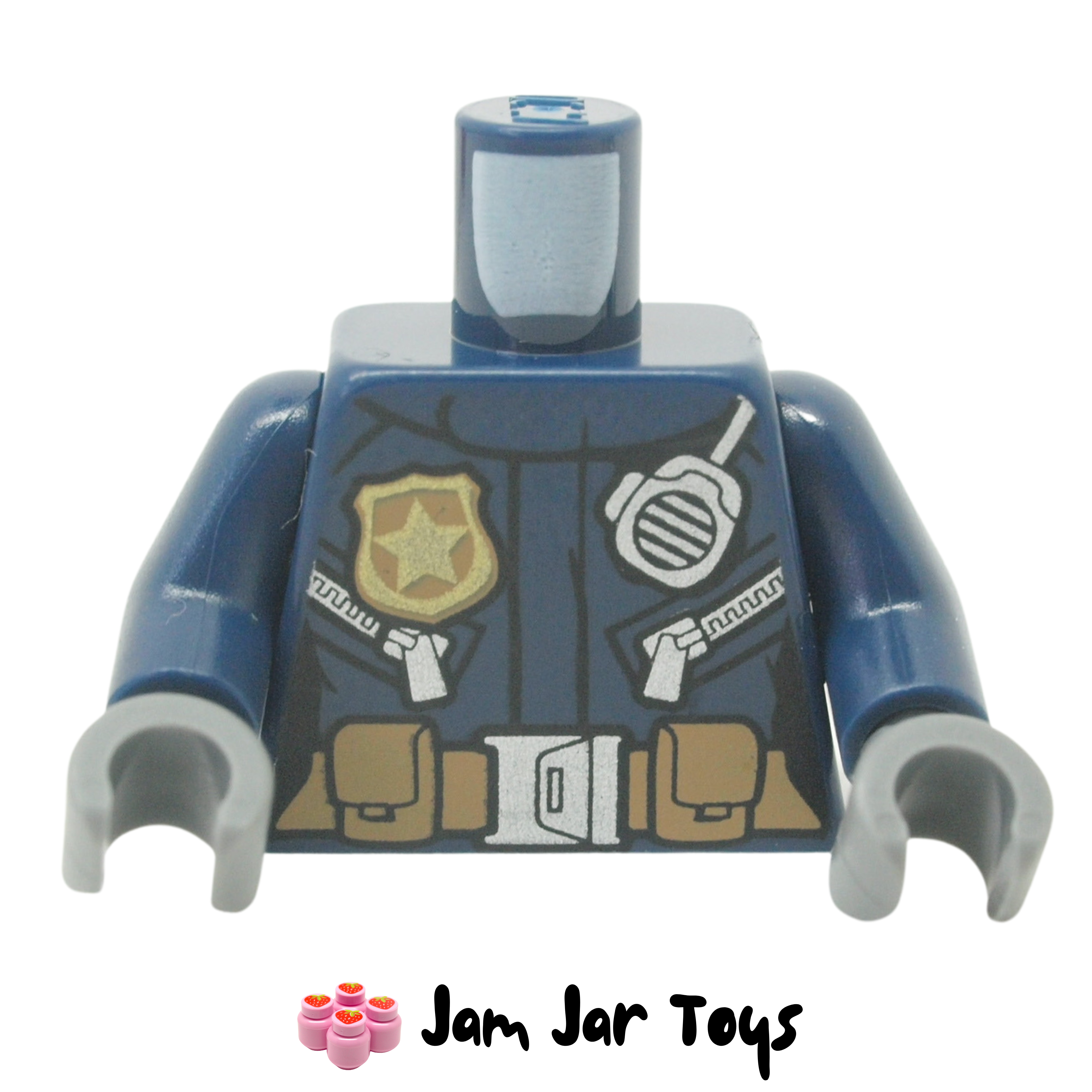 LEGO Dark Blue Police Jacket with Radio, Zipper Pockets, and Gold Badge POLICE on Back..
