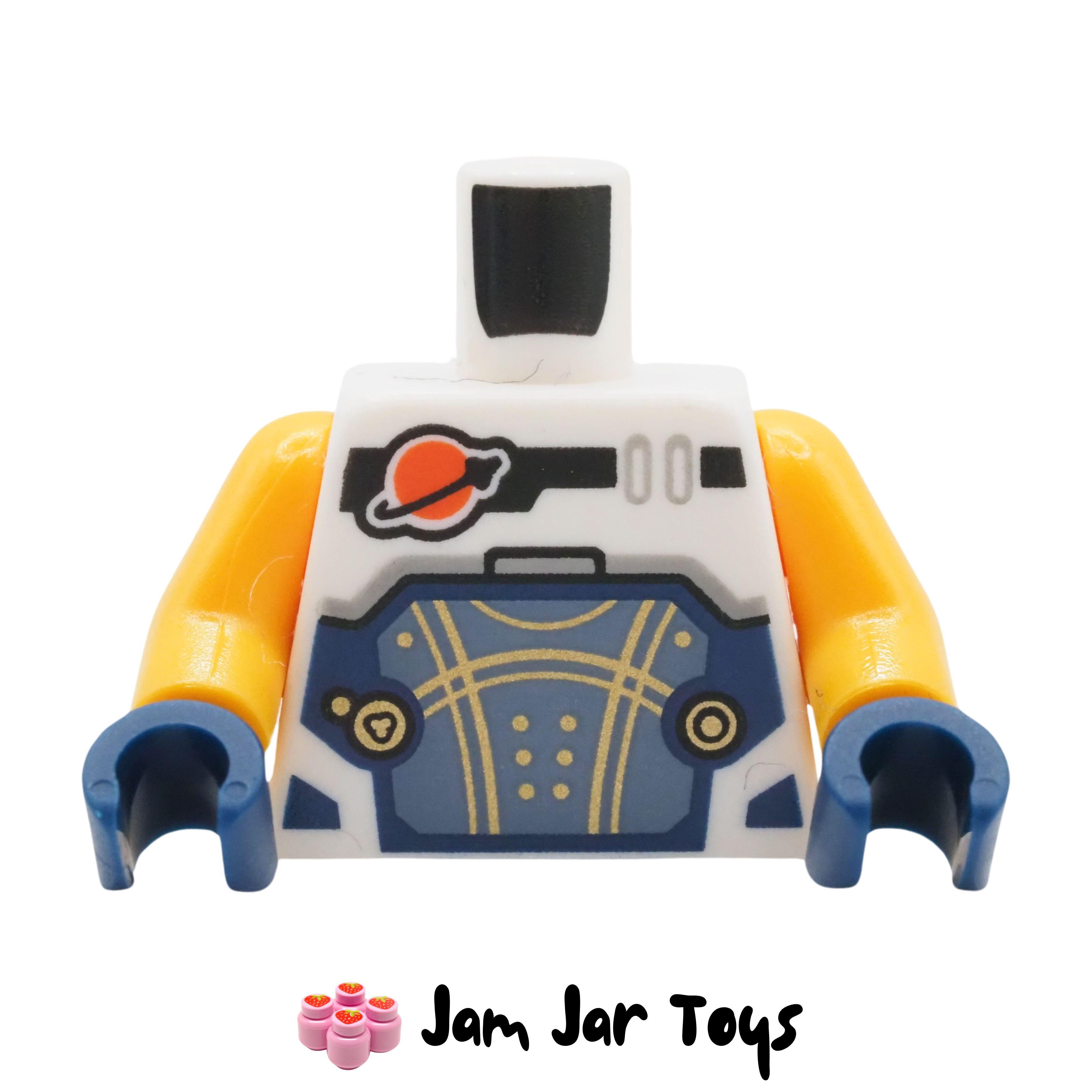LEGO White Space Suit Torso, Dark Blue Trim, Sand Blue Panel, Gold Lines, Classic Space Logo.