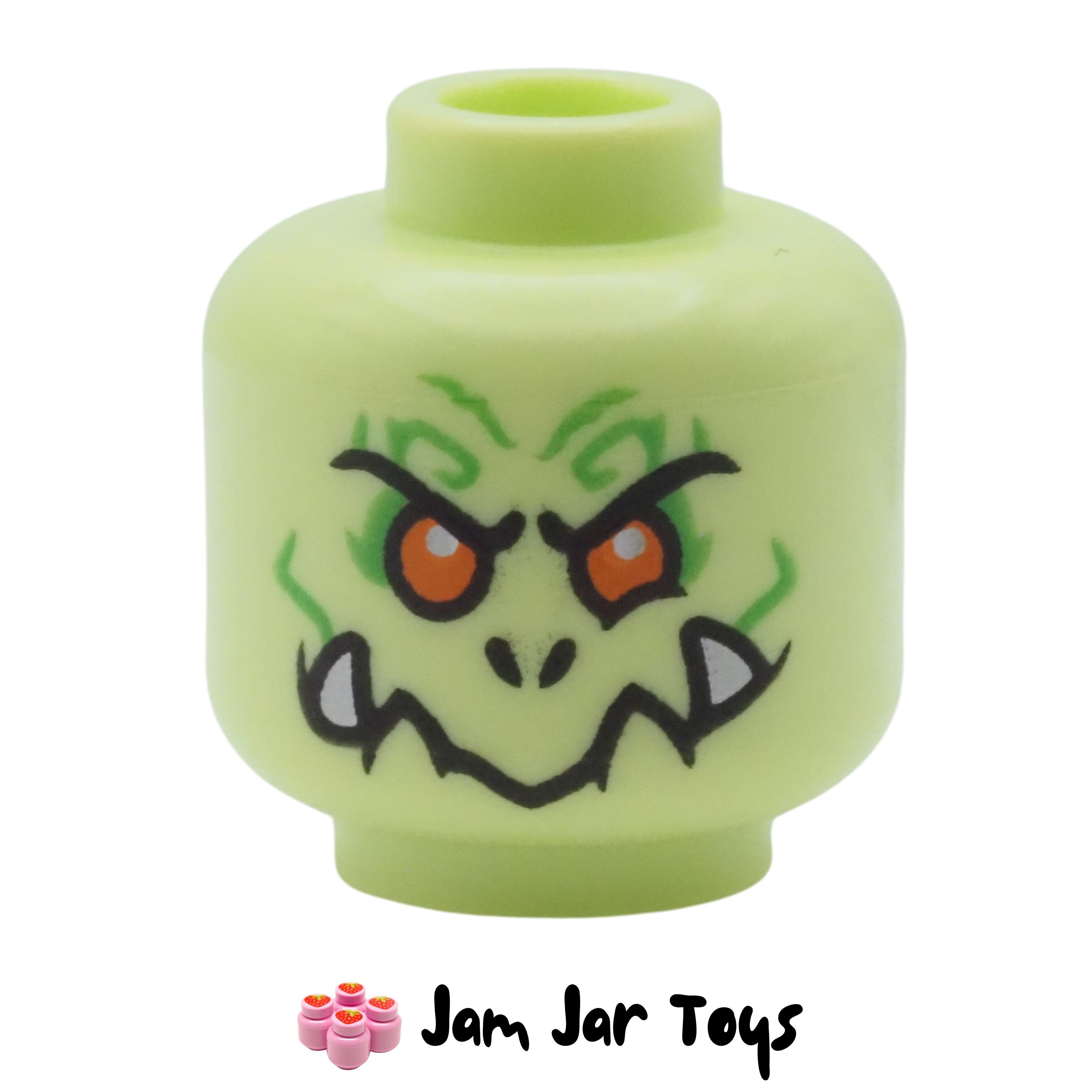 LEGO Yellowish Green Nine-Headed Demon Head, Orange Eyes, Fangs, Closed Mouth