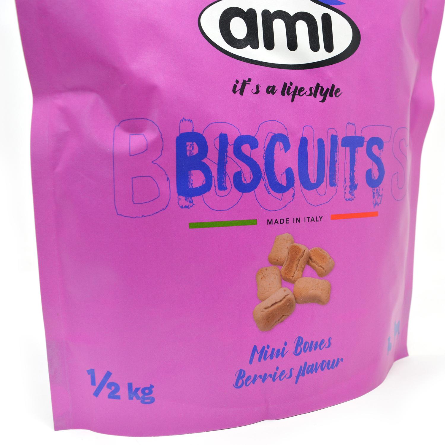 Close up of a pack of Ami Berry Vegan Mini Bone Biscuits