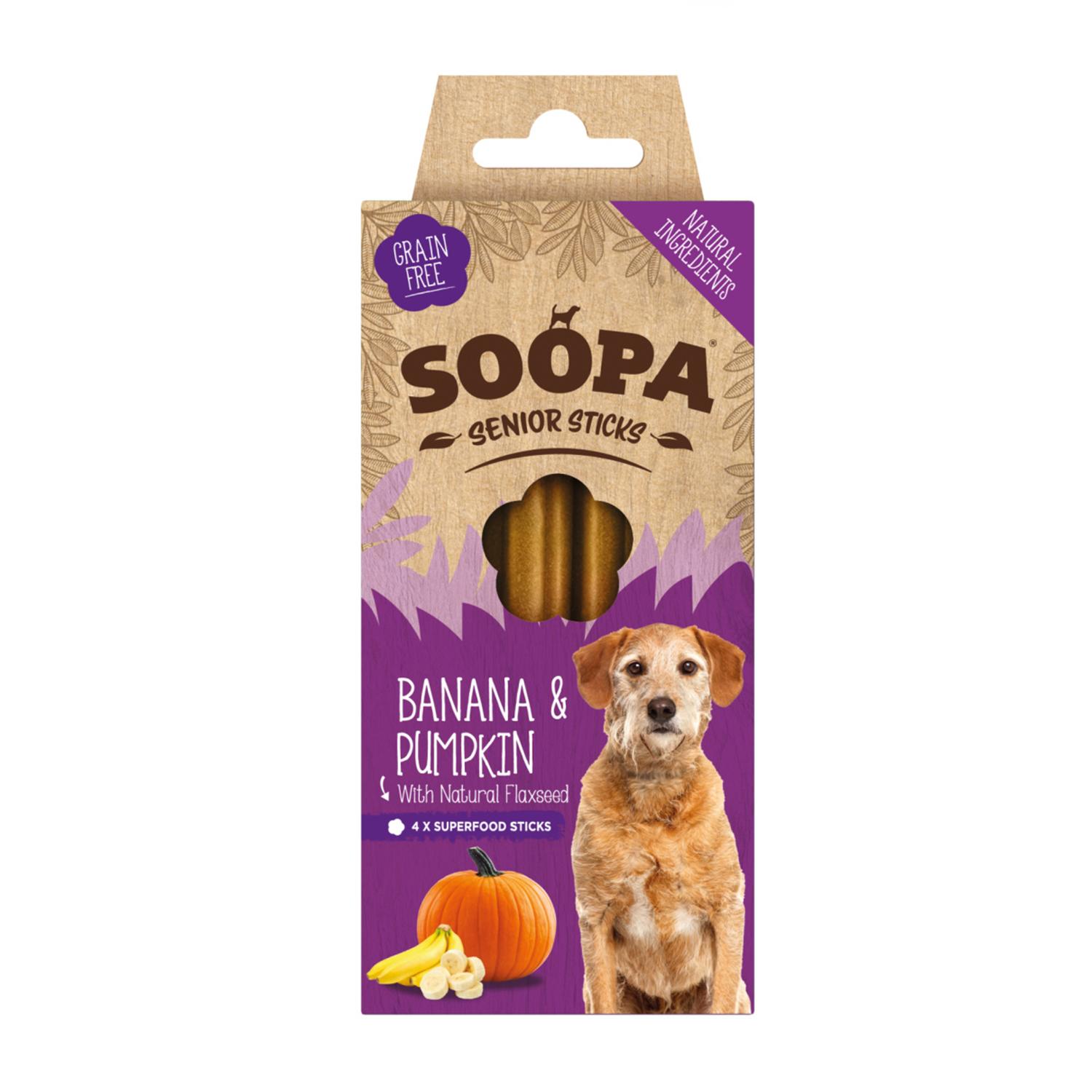 Front of a pack of Soopa Senior Dog Banana, Pumpkin and Banana Dental Stick Chews