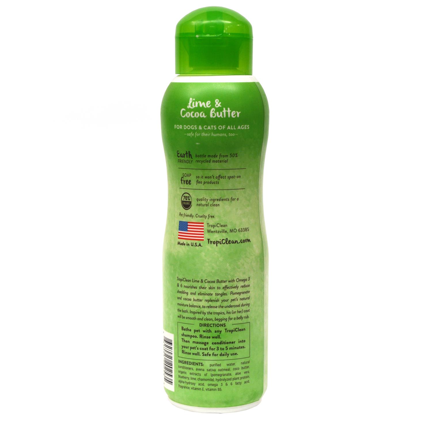 Back of a bottle of TropiClean Lime and Cocoa Pet Conditioner