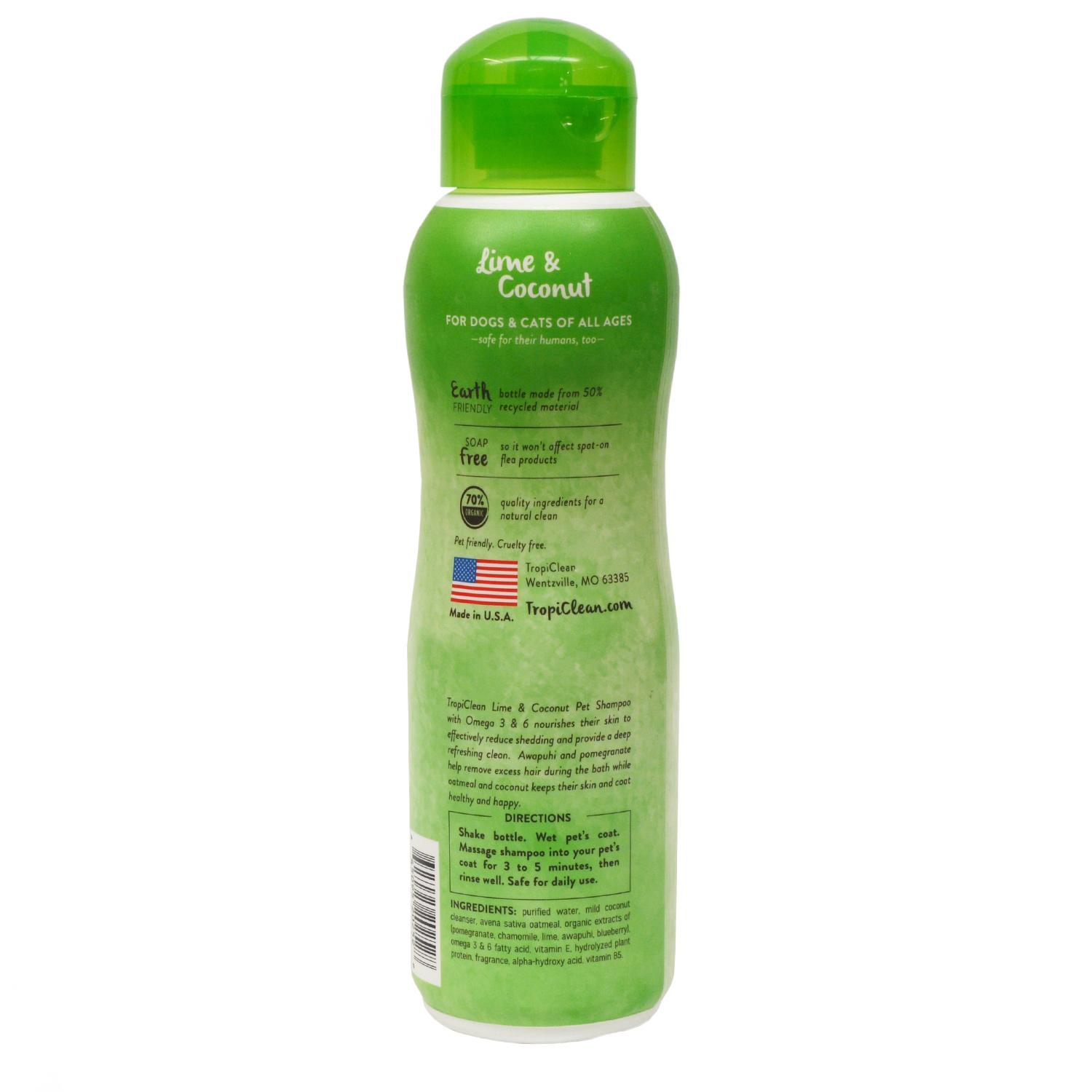 Back of a bottle of Tropiclean Lime and Coconut Pet Shampoo